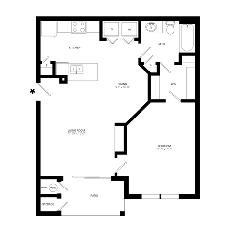 Floor plan for 1 bed, 1 bath, 750 sqft
